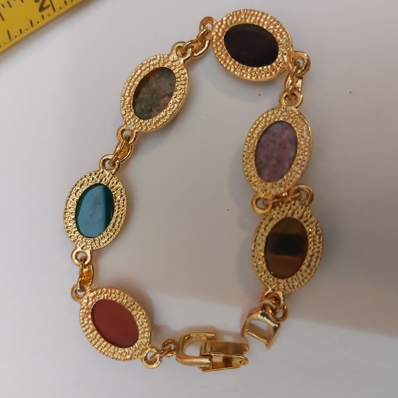 Multi Stones Scarab Bracelet Gold Tone Links Semiprecious Gems - Picture 9 of 9